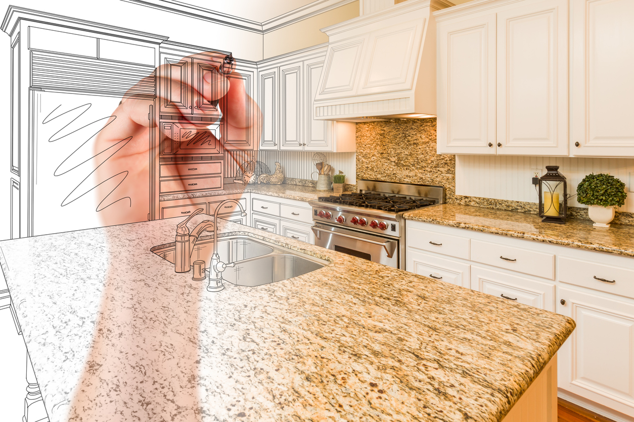 Hand Drawing Custom Kitchen Design With Gradation Revealing Photograph.